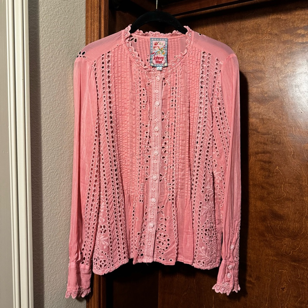 Johnny Was Pink Eyelet, Pintuck, Embroidered Blouse, Sz XS